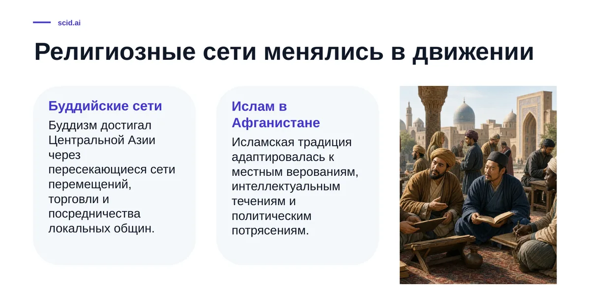 Слайд «Религиозные сети менялись в движении» с двумя карточками и фотографией