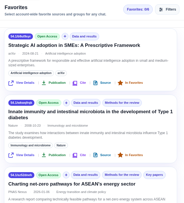 Real scid.ai Favorites screen with saved research papers