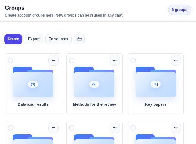 Real scid.ai Groups screen with thematic source collections