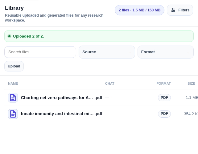 Real scid.ai Library screen with uploaded research PDFs