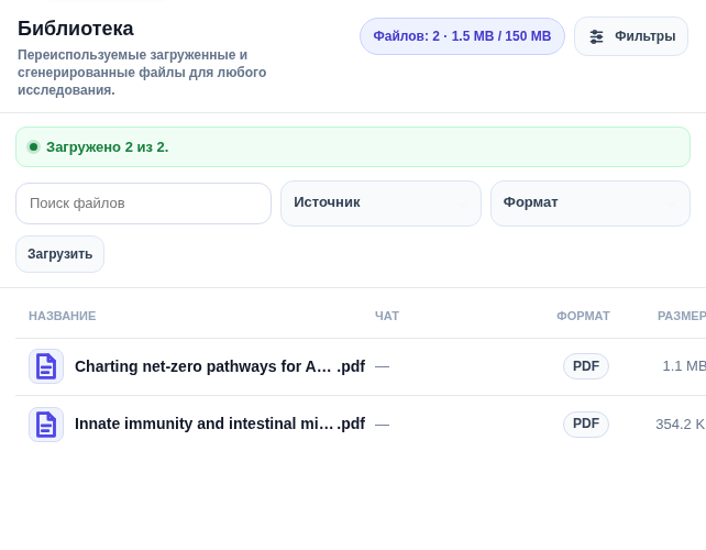 Библиотека в интерфейсе scid.ai с загруженными научными PDF